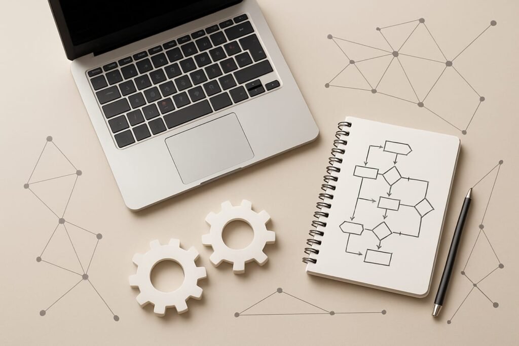 A modern desk scene with a laptop, gears, flowchart notes, and network icons representing AI automation in digital work