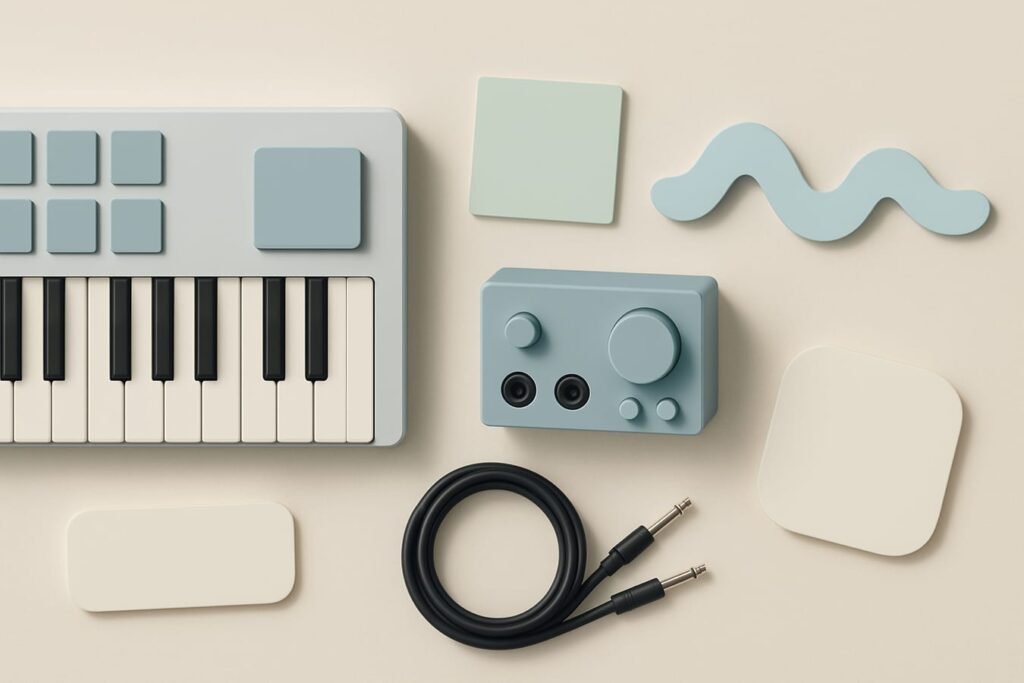 Minimalist music production desk with MIDI keyboard and abstract audio waveform objects on a pale sand background