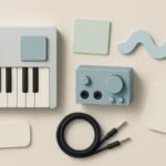 Minimalist music production desk with MIDI keyboard and abstract audio waveform objects on a pale sand background